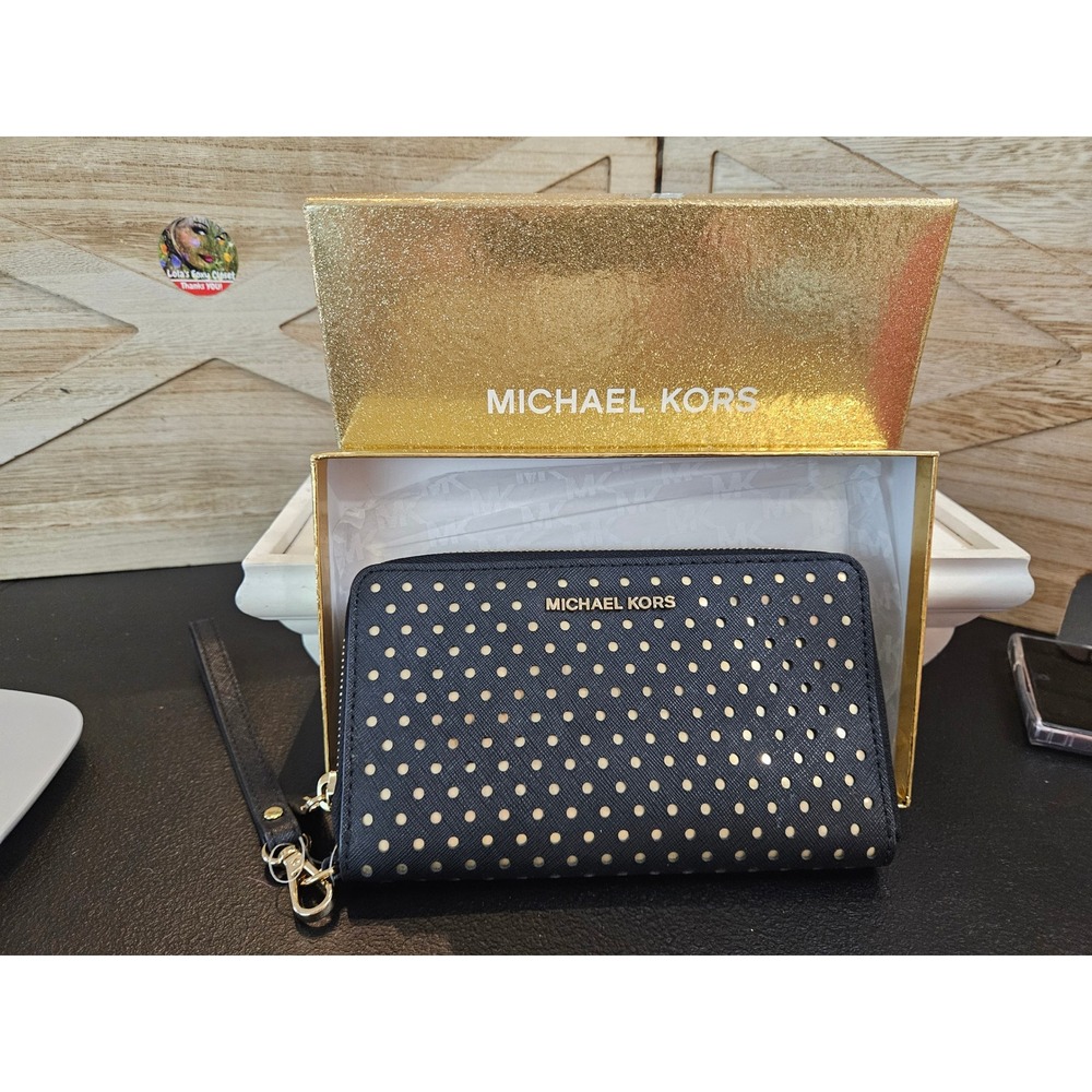 Michael Kors Black Jet Set Wallet Travel Perforated Gold Phone Wristlet NWT